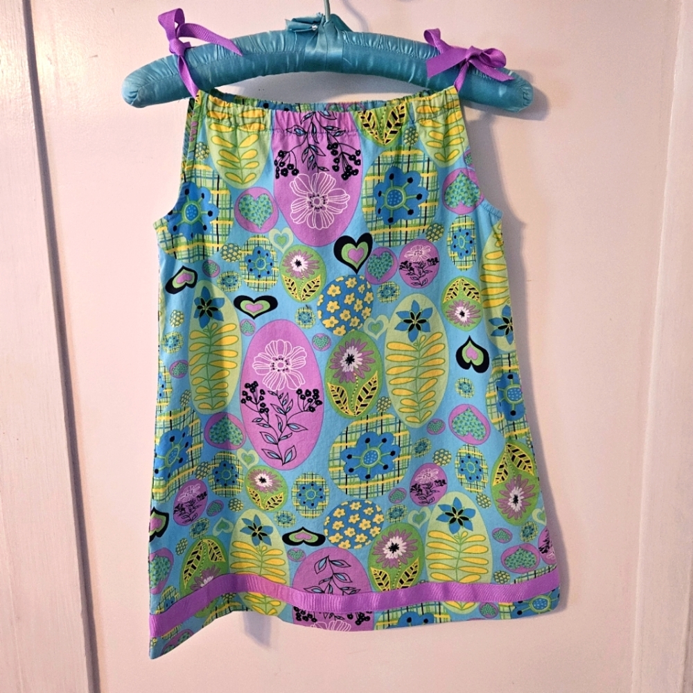 Hanna Anderson Blue Floral Ribbon Dress w/‎ Purple Ties and trim sz 110- 5